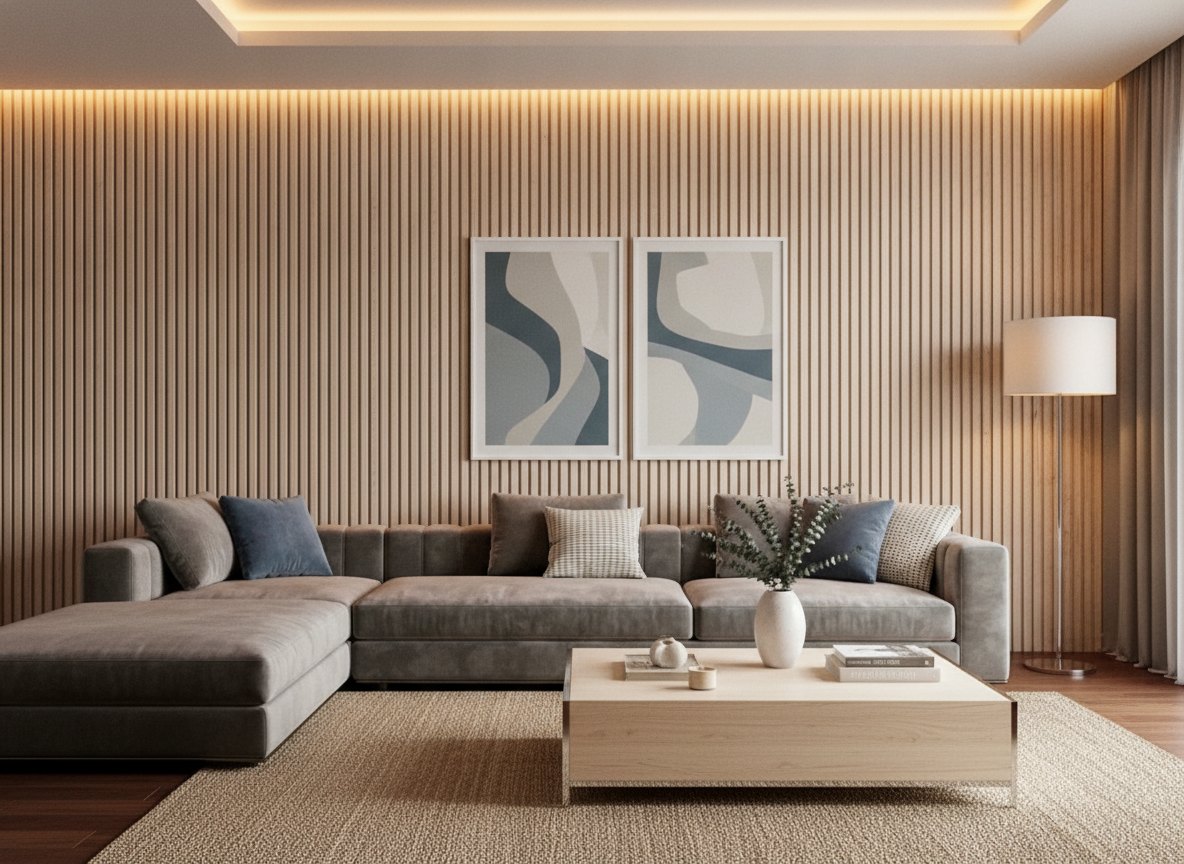 Natural slat wall behind a large sofa