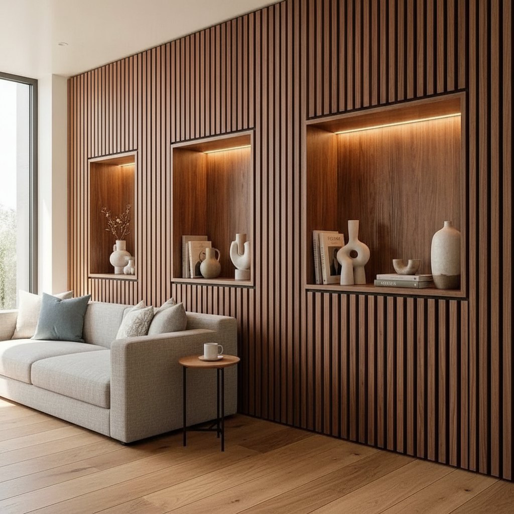 Oak slat wall with lit display niches